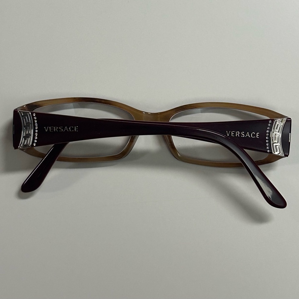 VERSACE women's burgundy tortoise shell rectangular glasses frames.